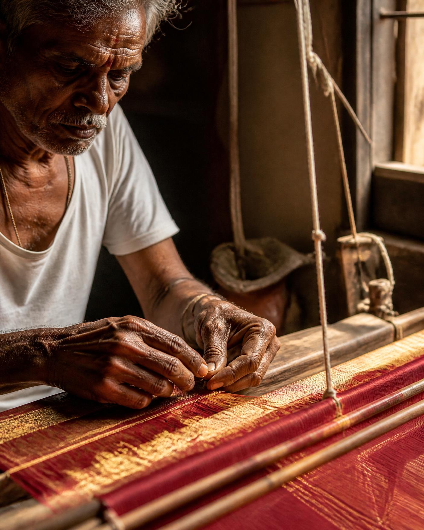 Weaver's hands working a traditional handloom, threading a fine border on cotton yarn